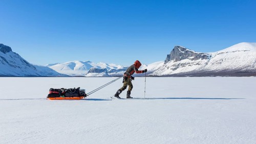 Ski tourers with Pulka in the snow
