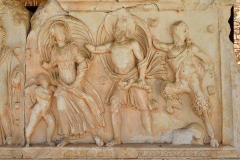 Antique marble temple frieze at the archaeological site of Nysa