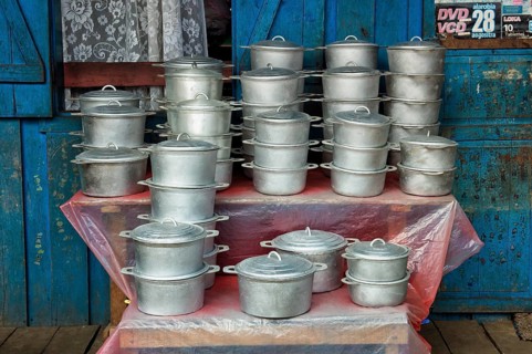 Cooking pots in a market stall