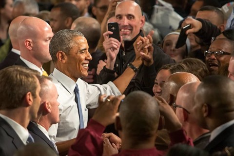 President Barack Obama shakes hands following a speech at Ford's Michigan Assembly Plant
