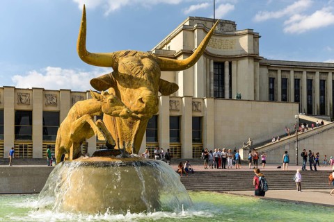Bronze sculpture of the bull and the deer by Paul Jouve front of the Palais de Chaillot
