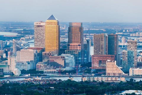 View of the Canary Wharf financial center and the river Thames