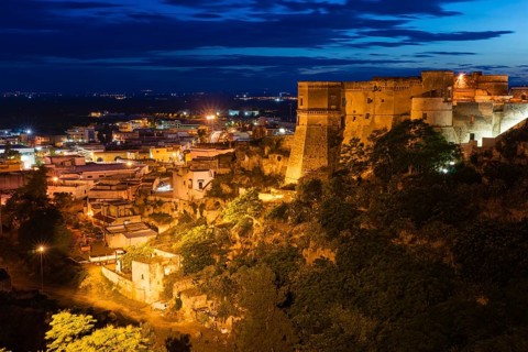 View on the castle Castello di Massafra and in the Taranto plateau on the edge of Gravina