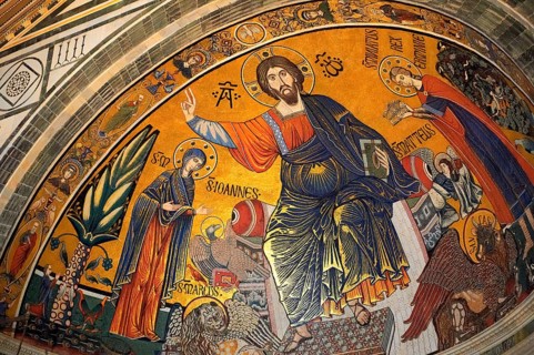 The medieval Romanesque style Byzantine mosaic of Christ between the Virgin Mary and St Minias