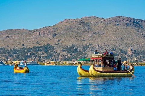 Reed boats near the floating islands of the Uros on Lake Titicaca