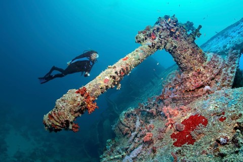 Diver looking at a heavy machine gun