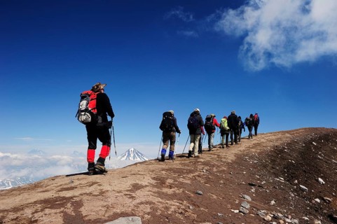 Hiking group on the volcanic crater