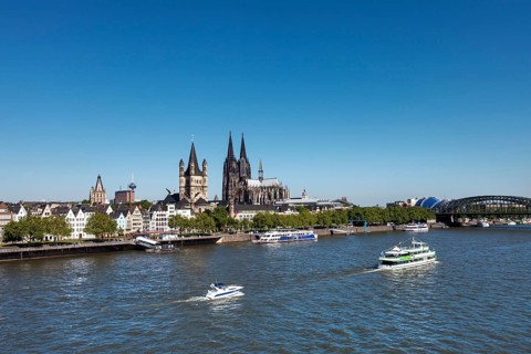 View over the Rhine to the historic centre with Cologne Cathedral
