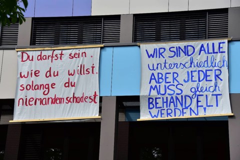 70 years of the Basic Law banners at the Freiburger Gymnasium St. Ursula