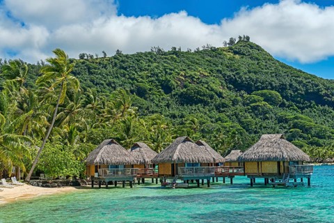 Overwater bungalows in the lagoon