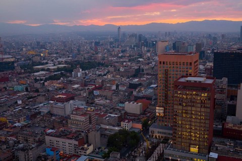 View across of the city at sunset