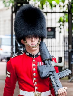 Guard of the Royal Guard with bearskin hat and gun during the changing of the guard