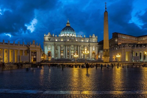 St. Peter's Square with St. Peter's Basilica and obelisk at night