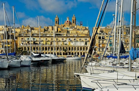 View from the Grand Harbour Marina in Vittoriosa to the church of St. Philip Neri