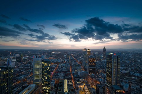 View of the city at dausk from the Main Tower with skyscrapers in the financial district