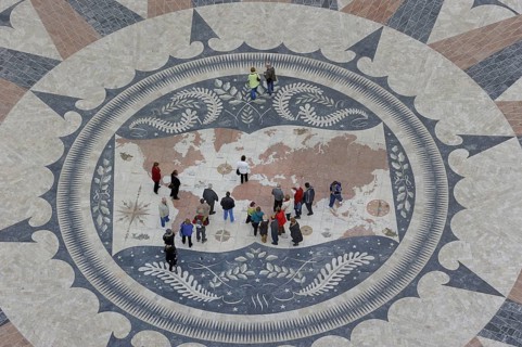 Compass rose with world map in the pavement in front of the Padrao dos Descobrimentos
