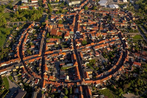 City walls and a circular town layout of the historic city of Teterow