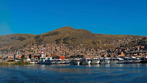 Boats in the harbour of Puno on Lake Titicaca