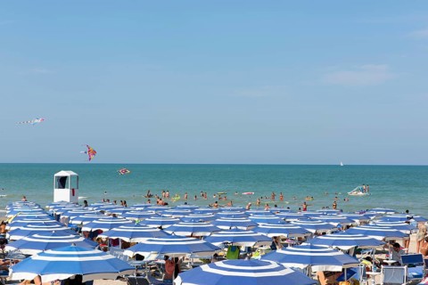 Bathers and parasols on the beach