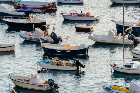 Fishing boats and inflatables in the sea