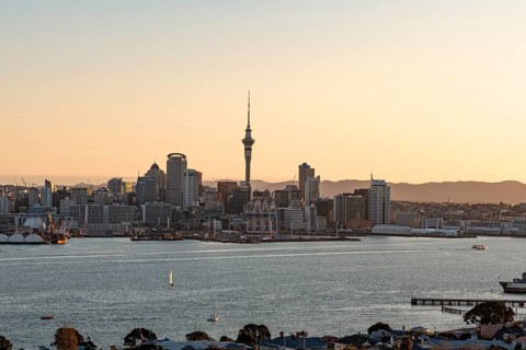 Skyline of Auckland at sunset