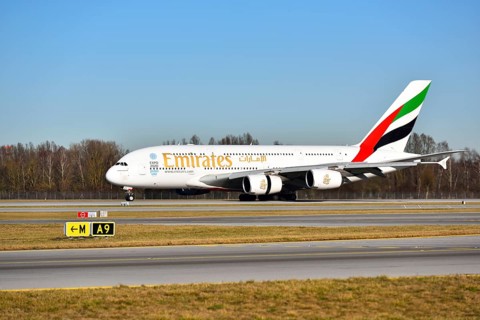 Emirates Airlines Airbus A 380-800 rolling on the runway at Munich Airport Franz Josef Strauss