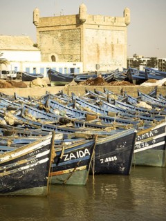 Old blue fishing boats in the port of Essaouira