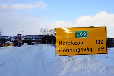 Street sign in winter on the E69 to the North Cape