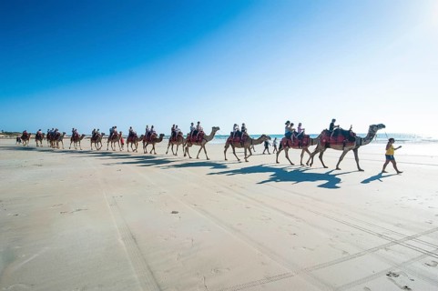 Tourists riding on camels on Cable Beach