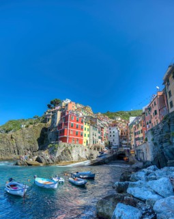 Town view with harbor and colorful houses