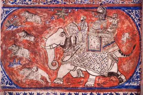 Old mural depicting a boar hunt in the City Palace of the Maharaja