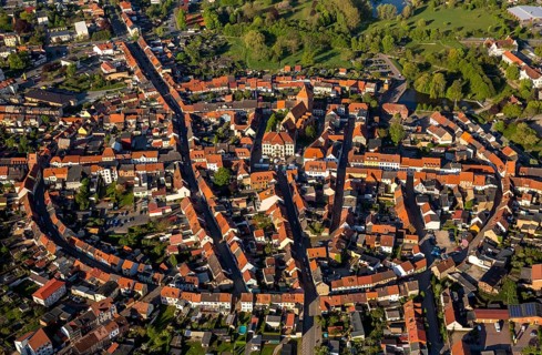 City walls and a circular town layout of the historic city of Teterow