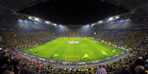 The sold-out Signal Iduna Arena before the kickoff of the UEFA Champions League game Borussia Dortmund vs Arsenal