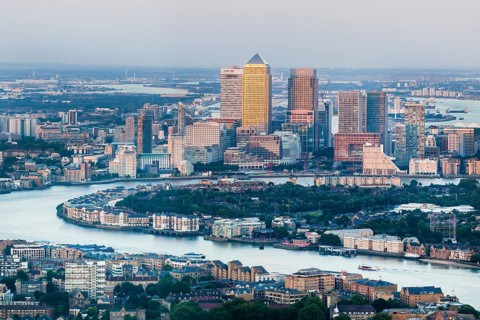 View of the Canary Wharf financial center and the river Thames