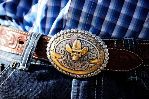 Cowboy belt buckle with the inscription ""Cowboy till death""