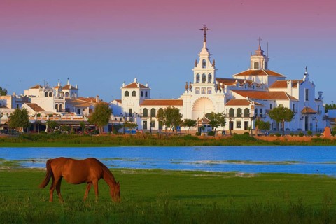 El Rocio village and Ermita del Rocio hermitage in morning light