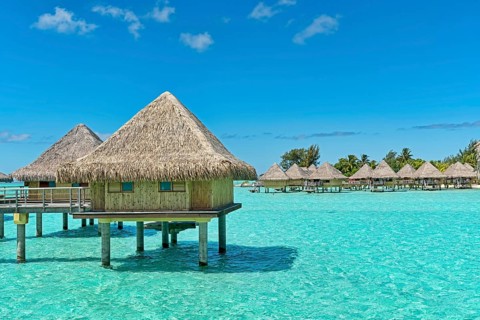 Overwater bungalows in the lagoon