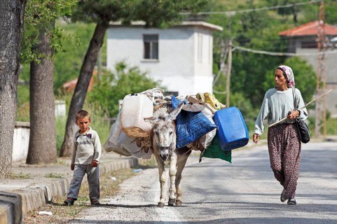 Woman and boy with donkey walking along a mountain road