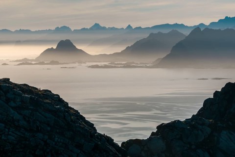 View from Glomtinden mountain over the Henningsvaersund on the Vestvagoy island