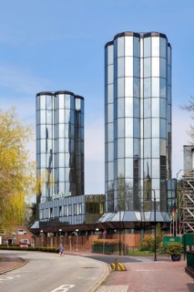 Mirrored glass towers