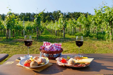 Snack and red wine in Buschenschank on Csaterberg