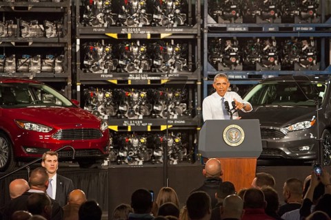 President Barack Obama speaks at Ford's Michigan Assembly Plant