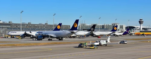 Apron of Munich Airport ""Franz Josef Strauss"" with airplanes