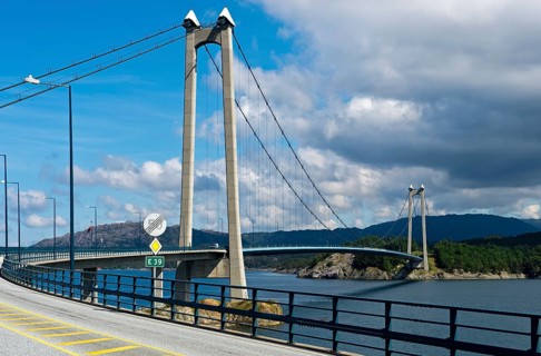 European Road E39 crossing Stord Bridge or Stordabrua suspension bridge across the sound of Digernessundet