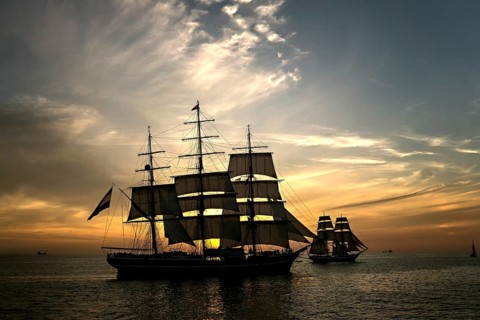 Evening sail with the tall ship Stad Amsterdam at the front