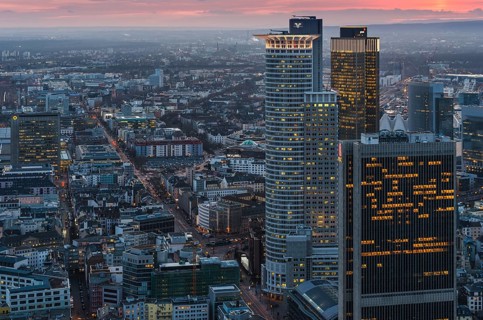 View of the city at sunset from the Main Tower with skyscrapers in the financial district
