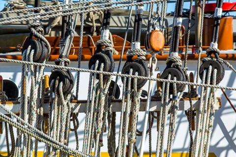 Rigging of a historic sailing ship in the harbor museum