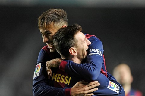 Neymar and Lionel Messi cheering