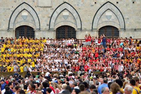 Grandstand with children on a training day of the Palio di Siena