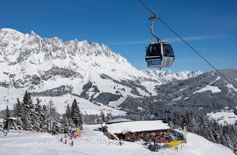 Karbachalm ropeway in front of mountain scenery